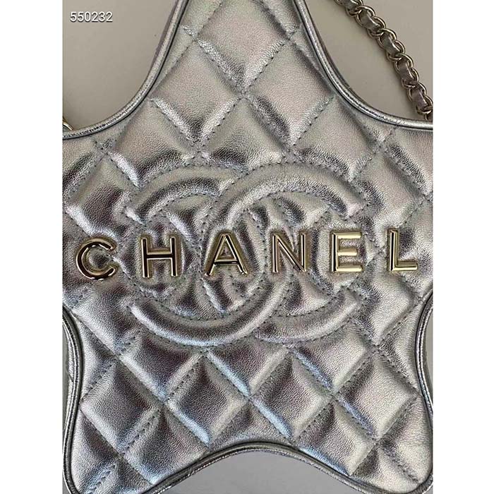 Chanel Women CC Star Handbag Metallic Lambskin Gold-Tone Metal Silver (7)
