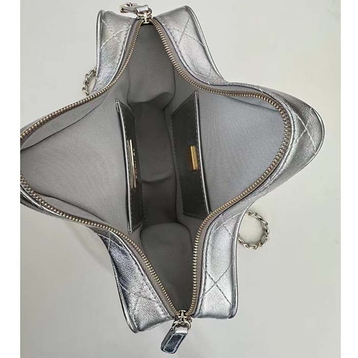 Chanel Women CC Star Handbag Metallic Lambskin Gold-Tone Metal Silver (9)