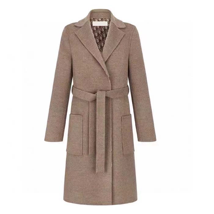 Dior Women CD Coat with Belt Brown Double-Sided Wool Dior Oblique Interior