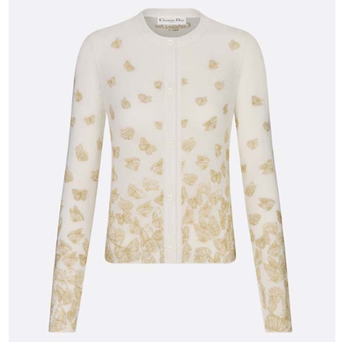 Dior Women CD Embroidered Cardigan Wool Cashmere Knit Gold-Tone White Gradient Butterflies Motif