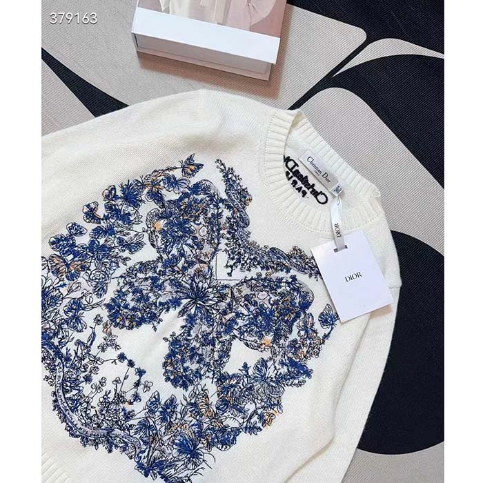 Dior Women CD Embroidered Sweater Ecru Cashmere Knit Pastel Midnight Blue Butterfly Around The World (4)