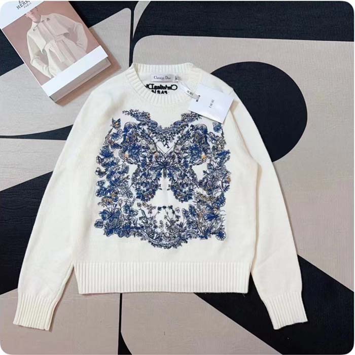 Dior Women CD Embroidered Sweater Ecru Cashmere Knit Pastel Midnight Blue Butterfly Around The World (6)