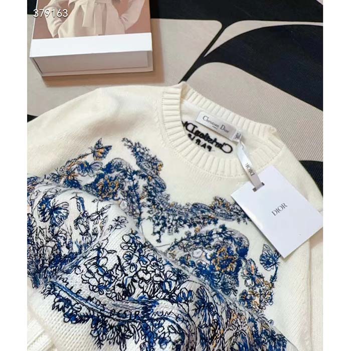 Dior Women CD Embroidered Sweater Ecru Cashmere Knit Pastel Midnight Blue Butterfly Around The World (8)
