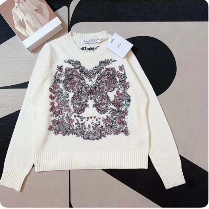 Dior Women CD Embroidered Sweater Ecru Cashmere Knit Pastel Pink Butterfly Around The World Motif (11)