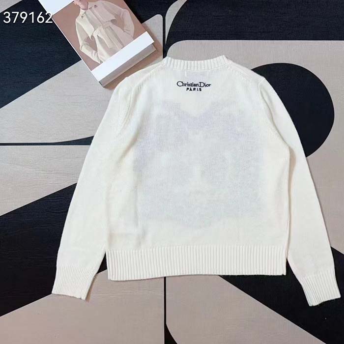 Dior Women CD Embroidered Sweater Ecru Cashmere Knit Pastel Pink Butterfly Around The World Motif (12)