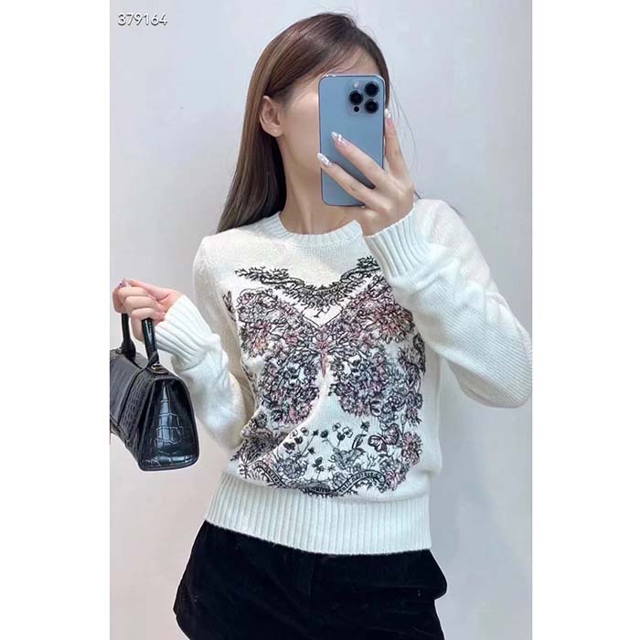 Dior Women CD Embroidered Sweater Ecru Cashmere Knit Pastel Pink Butterfly Around The World Motif (5)