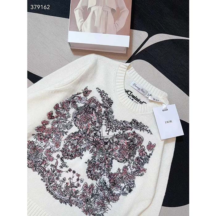 Dior Women CD Embroidered Sweater Ecru Cashmere Knit Pastel Pink Butterfly Around The World Motif (7)