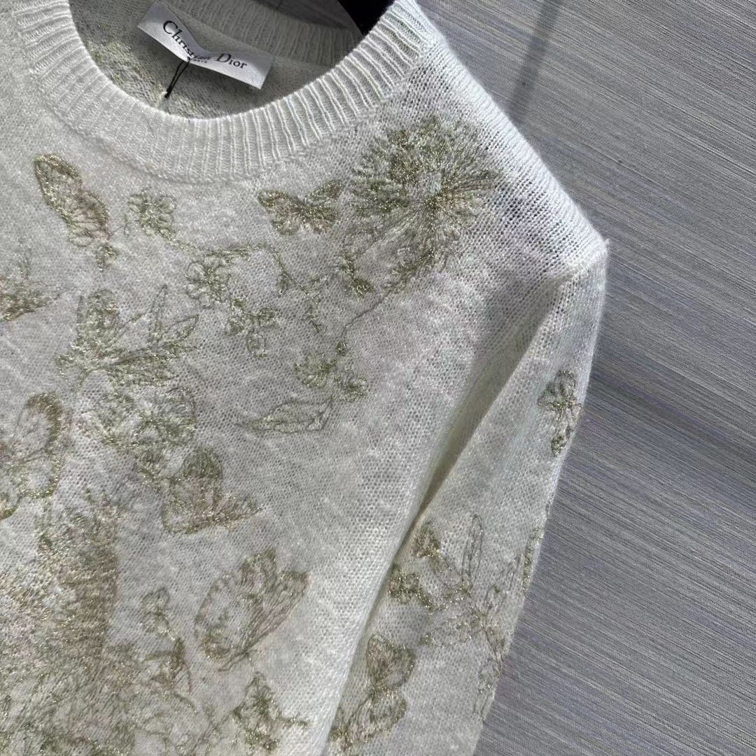 Dior Women CD Embroidered Sweater White Wool Cashmere Knit Gold-Tone Butterflies Motif (1)