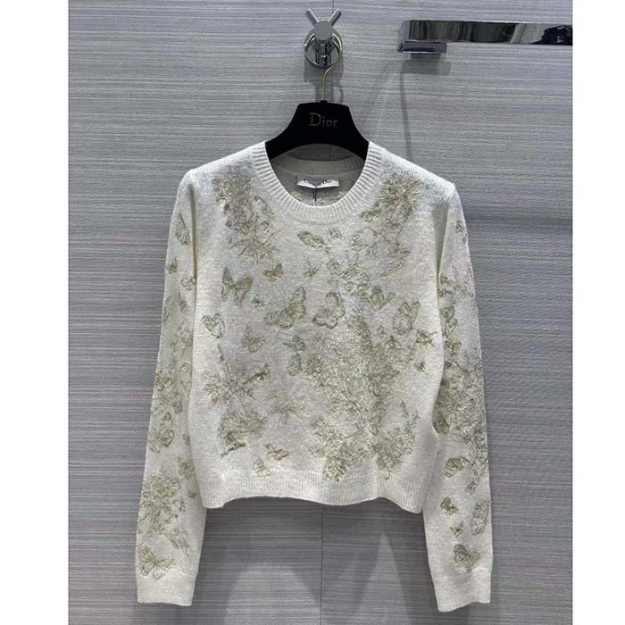 Dior Women CD Embroidered Sweater White Wool Cashmere Knit Gold-Tone Butterflies Motif (13)