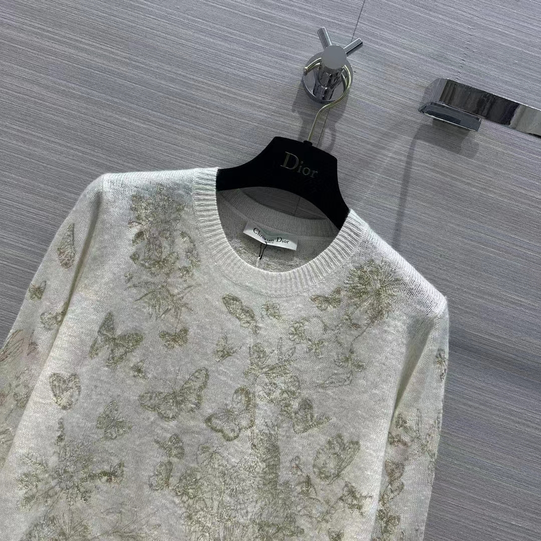 Dior Women CD Embroidered Sweater White Wool Cashmere Knit Gold-Tone Butterflies Motif (14)