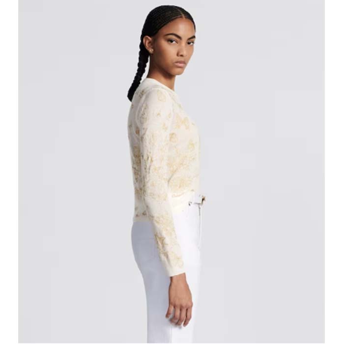Dior Women CD Embroidered Sweater White Wool Cashmere Knit Gold-Tone Butterflies Motif (4)