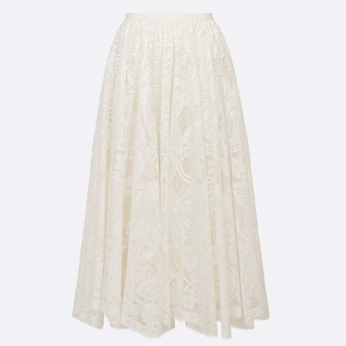 Dior Women CD Flared Mid-Length Skirt Ecru Technical Cotton Lace Allover Butterfly Motif