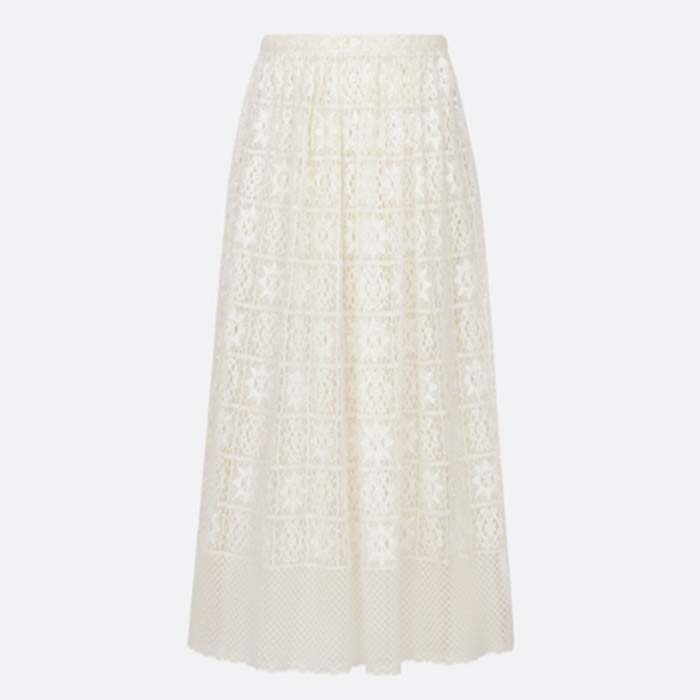 Dior Women CD Flared Mid-Length Skirt Ecru Technical Cotton Lace Star Motif