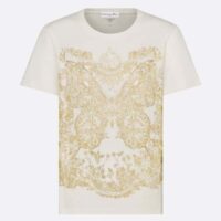 Dior Women CD T-Shirt White Cotton Jersey Gold-Tone Butterfly Around The World Motif