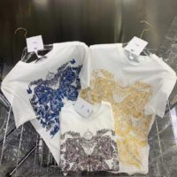 Dior Women CD T-Shirt White Cotton Linen Jersey Pastel Midnight Blue Butterfly Around The World Motif (6)