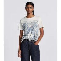 Dior Women CD T-Shirt White Cotton Linen Jersey Pastel Midnight Blue Butterfly Around The World Motif (6)