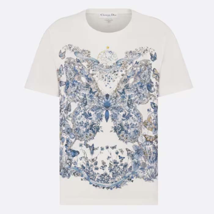 Dior Women CD T-Shirt White Cotton Linen Jersey Pastel Midnight Blue Butterfly Around The World Motif