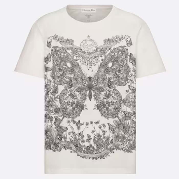 Dior Women CD T-Shirt White Cotton Linen Jersey Pastel Pink Butterfly Around The World Motif