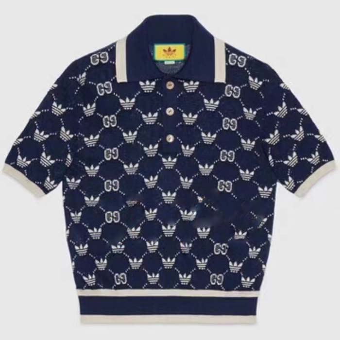Gucci GG Men Adidas x Gucci Navy Double G Logo Print Bowling Shirt Straight Hem Side Ven