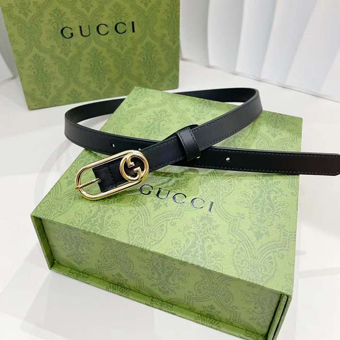 Gucci GG Unisex Thin Belt Mini Round Interlocking G Black Leather 1.5 CM Width (2)