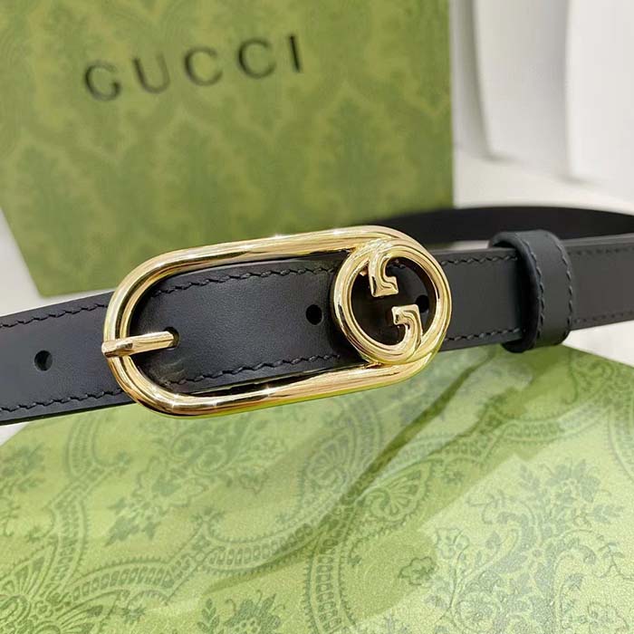 Gucci GG Unisex Thin Belt Mini Round Interlocking G Black Leather 1.5 CM Width (8)