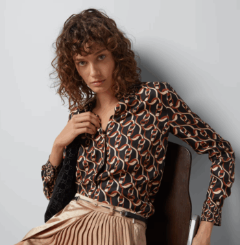 Gucci GG Women Interlocking G Chain Print Silk Shirt Point Collar Long Sleeves - Image 13