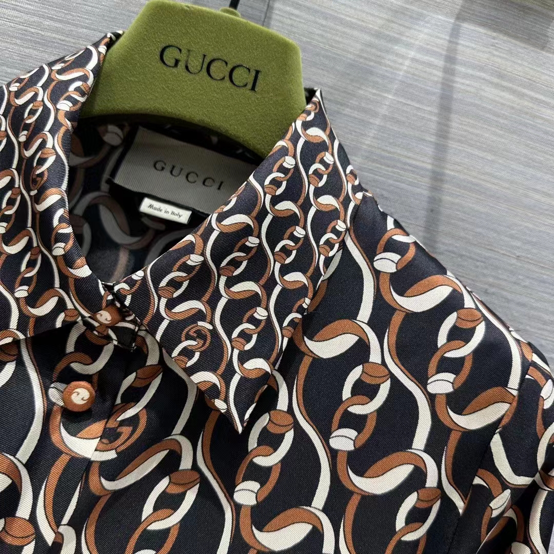Gucci GG Women Interlocking G Chain Print Silk Shirt Point Collar Long Sleeves (11)