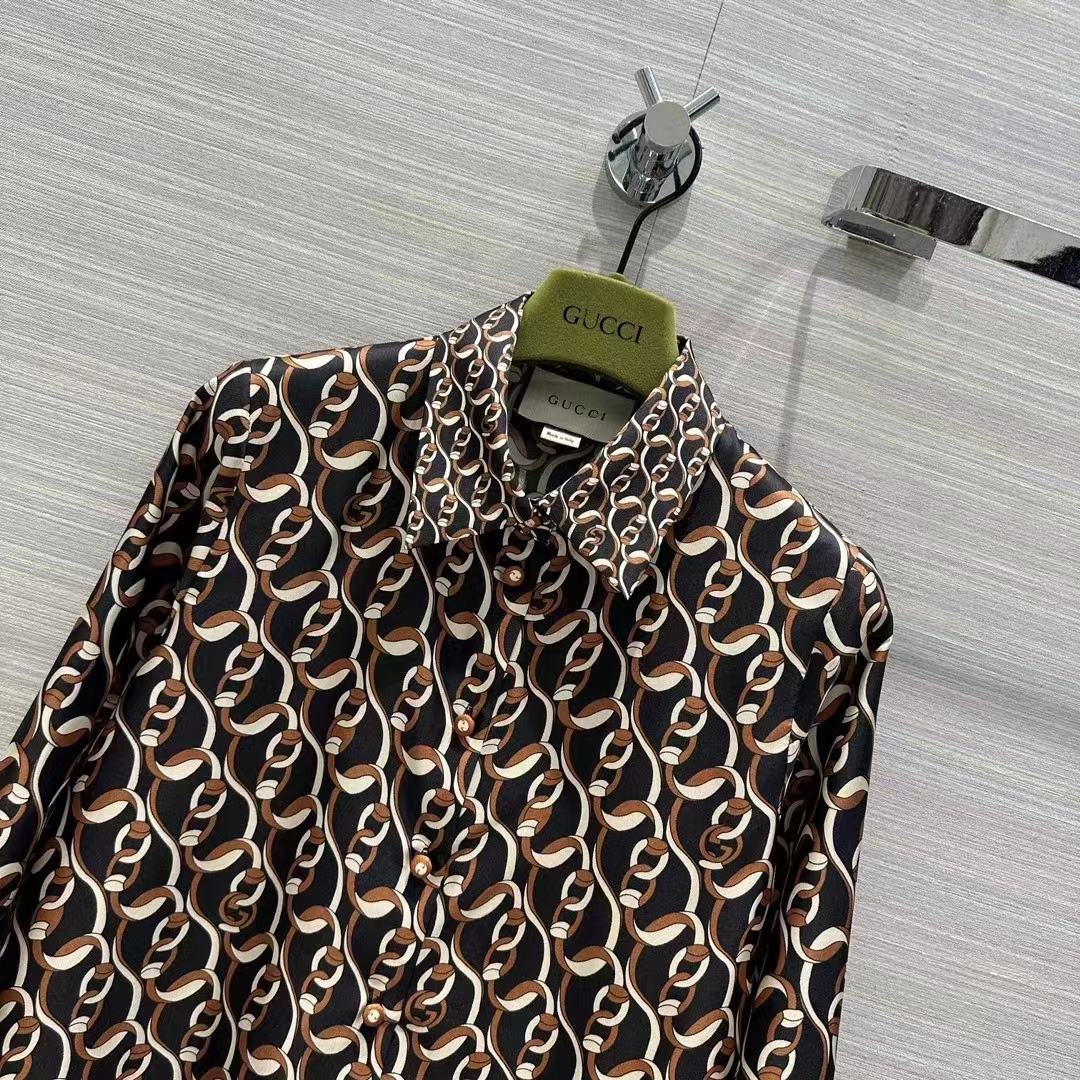 Gucci GG Women Interlocking G Chain Print Silk Shirt Point Collar Long Sleeves (2)