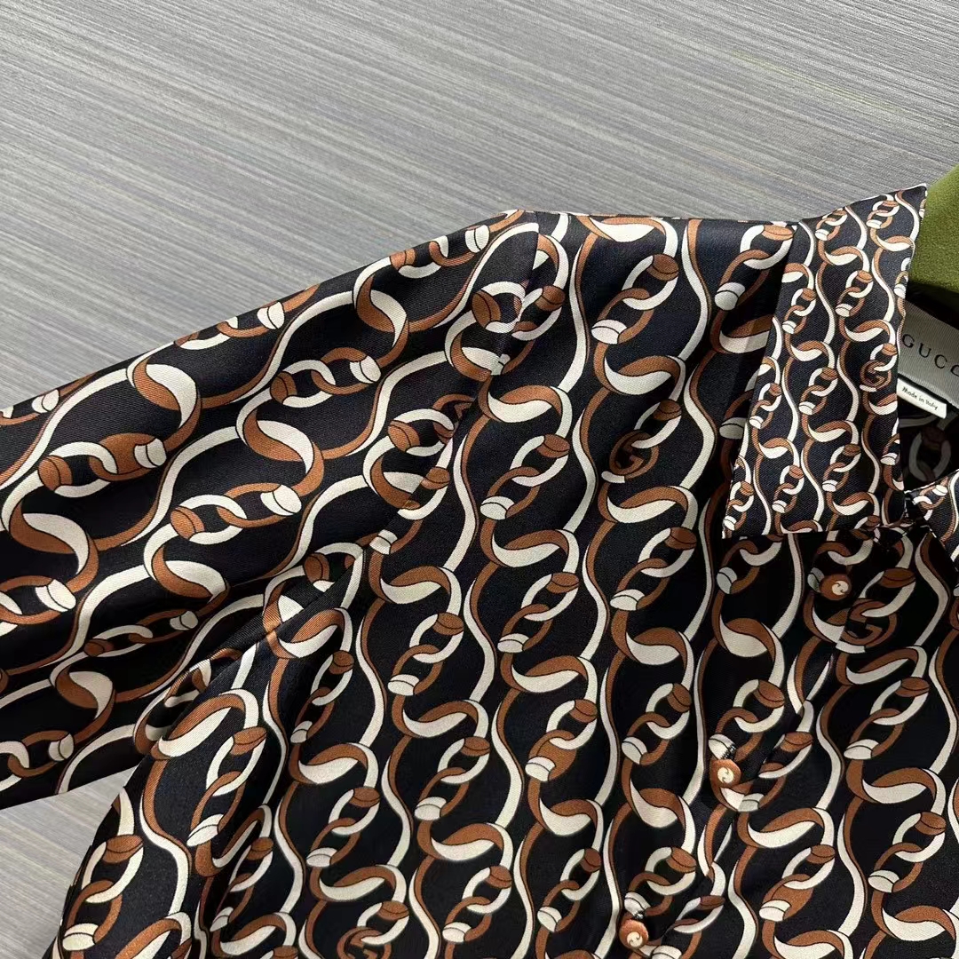Gucci GG Women Interlocking G Chain Print Silk Shirt Point Collar Long Sleeves (4)