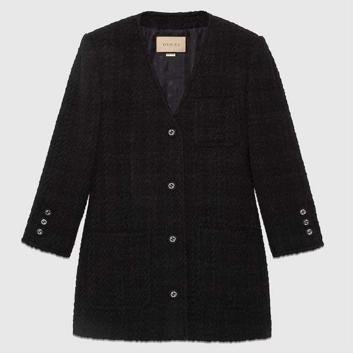 Gucci GG Women Tweed Mélange Jacket Black Self-Covered Buttons Interlocking G Lined V-Neck