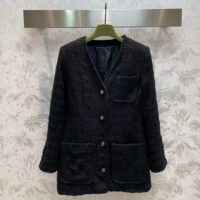 Gucci GG Women Tweed Mélange Jacket Black Self-Covered Buttons Interlocking G Lined V-Neck (10)