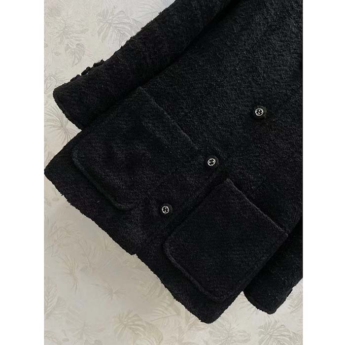 Gucci GG Women Tweed Mélange Jacket Black Self-Covered Buttons Interlocking G Lined V-Neck (3)