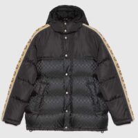 Gucci Men GG Black Jacquard Nylon Padded Coat Camel Brown Interlocking G Stripe Down Goose Feather (10)