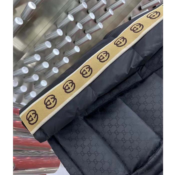 Gucci Men GG Black Jacquard Nylon Padded Coat Camel Brown Interlocking G Stripe Down Goose Feather (12)