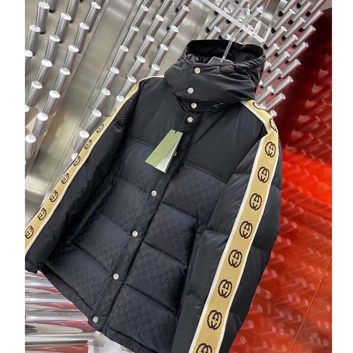 Gucci Men GG Black Jacquard Nylon Padded Coat Camel Brown Interlocking G Stripe Down Goose Feather (13)