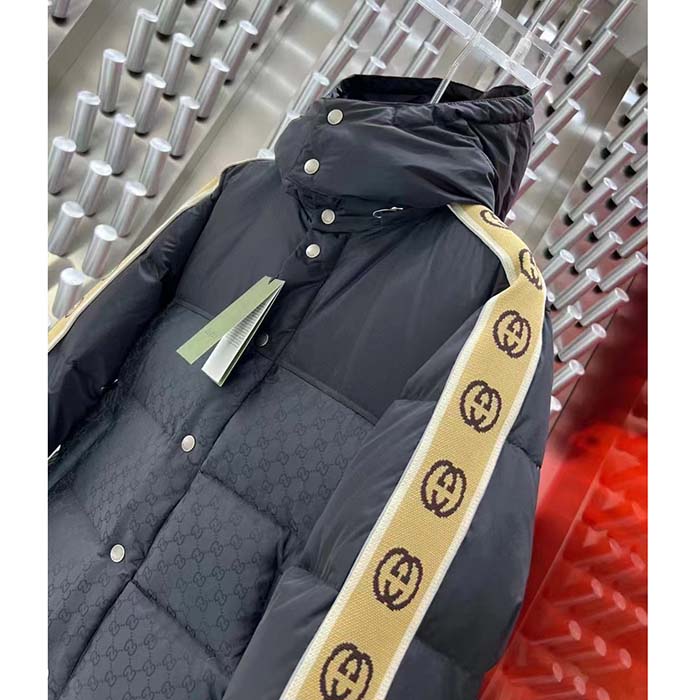 Gucci Men GG Black Jacquard Nylon Padded Coat Camel Brown Interlocking G Stripe Down Goose Feather (14)