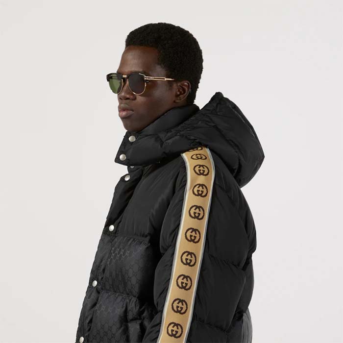 Gucci Men GG Black Jacquard Nylon Padded Coat Camel Brown Interlocking G Stripe Down Goose Feather (3)