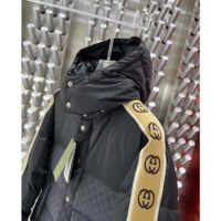 Gucci Men GG Black Jacquard Nylon Padded Coat Camel Brown Interlocking G Stripe Down Goose Feather (10)