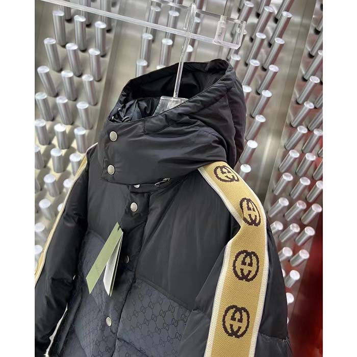 Gucci Men GG Black Jacquard Nylon Padded Coat Camel Brown Interlocking G Stripe Down Goose Feather (6)