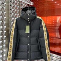 Gucci Men GG Black Jacquard Nylon Padded Coat Camel Brown Interlocking G Stripe Down Goose Feather (10)