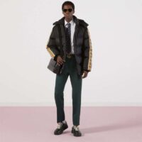 Gucci Men GG Black Jacquard Nylon Padded Coat Camel Brown Interlocking G Stripe Down Goose Feather (10)