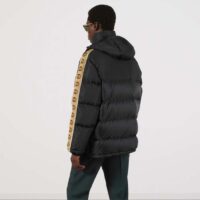 Gucci Men GG Black Jacquard Nylon Padded Coat Camel Brown Interlocking G Stripe Down Goose Feather (10)
