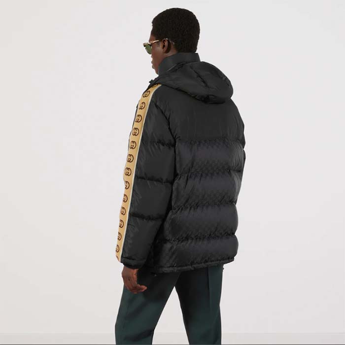 Gucci Men GG Black Jacquard Nylon Padded Coat Camel Brown Interlocking G Stripe Down Goose Feather (9)