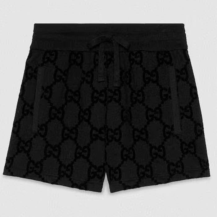 Gucci Men GG Brushed Cotton Short Black Elastic Waist Drawstring Rear Patch Two Side Pockets