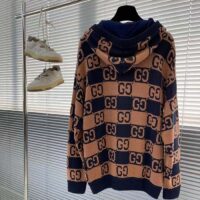 Gucci Men GG Cotton Jacquard Hooded Sweater Beige Dark Blue Dropped Shoulder Kangaroo Pocket (5)