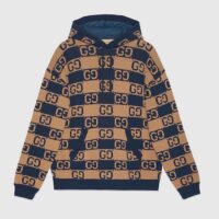 Gucci Men GG Cotton Jacquard Hooded Sweater Beige Dark Blue Dropped Shoulder Kangaroo Pocket (5)