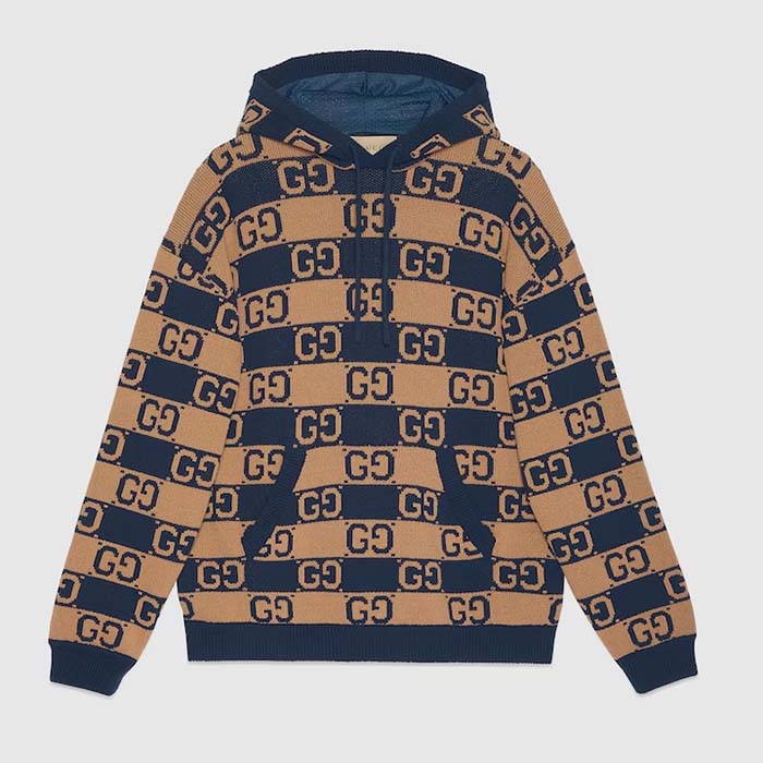 Gucci Men GG Cotton Jacquard Hooded Sweater Beige Dark Blue Dropped Shoulder Kangaroo Pocket
