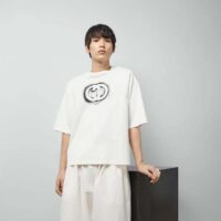 Gucci Men GG Cotton Jersey Interlocking Graffiti T-Shirt Off White Crewneck Dropped Shoulder Short Sleeves (2)