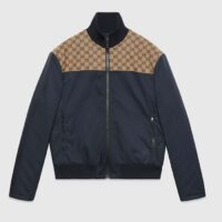 Gucci Men GG Nylon Canvas Zip Jacket Dark Blue Interlocking G Embroidered High Neck (12)