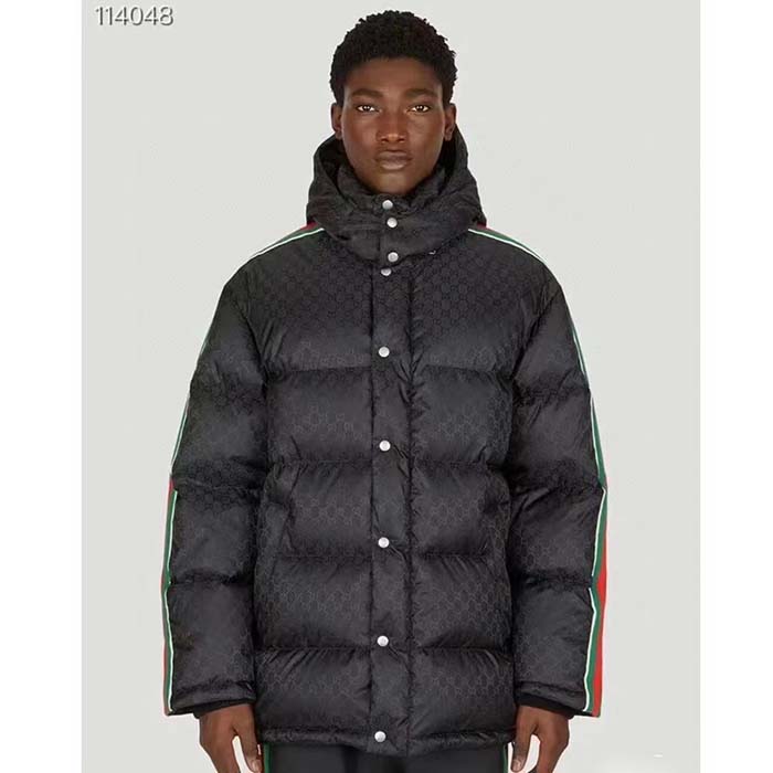 Gucci Men GG Nylon Jacquard Jacket Web Black Stripe Lined Fixed Hood Rib Cuffs (1)